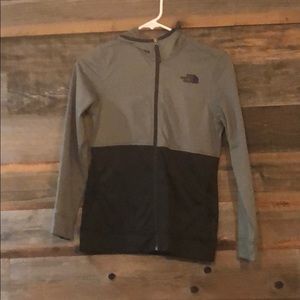 Grey and black North Face jacket